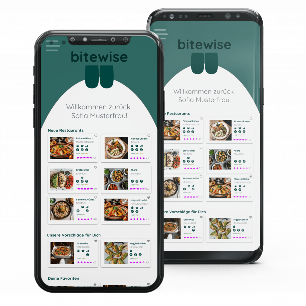 Ein Mock-Up mit iOS und Android Smartphone zeigt unsere App BITEWISE.